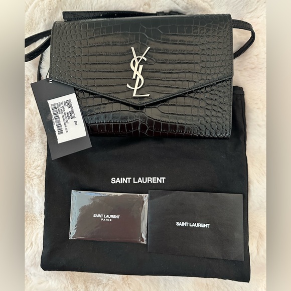 Saint Laurent Black Croc Embossed Bag with Silver Logo - Picture 1 of 2